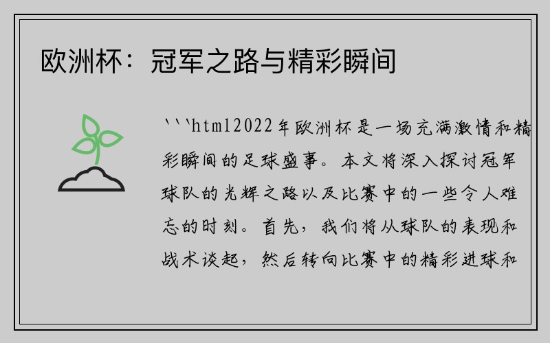 欧洲杯：冠军之路与精彩瞬间