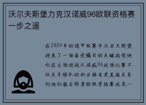 沃尔夫斯堡力克汉诺威96欧联资格赛一步之遥