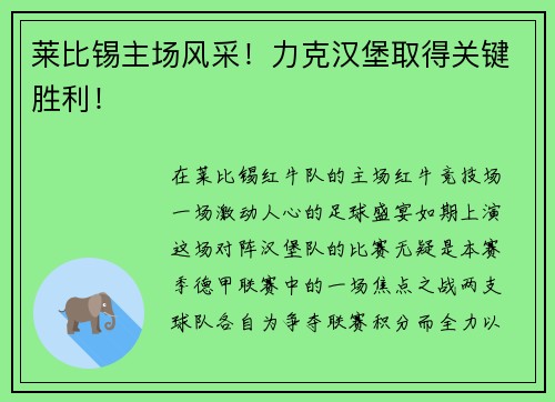 莱比锡主场风采！力克汉堡取得关键胜利！